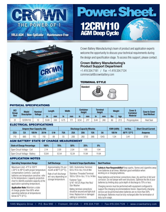 Crown 12CRV110 AGM battery 12V 110Ah deep cycle battery for RV and solar systems
