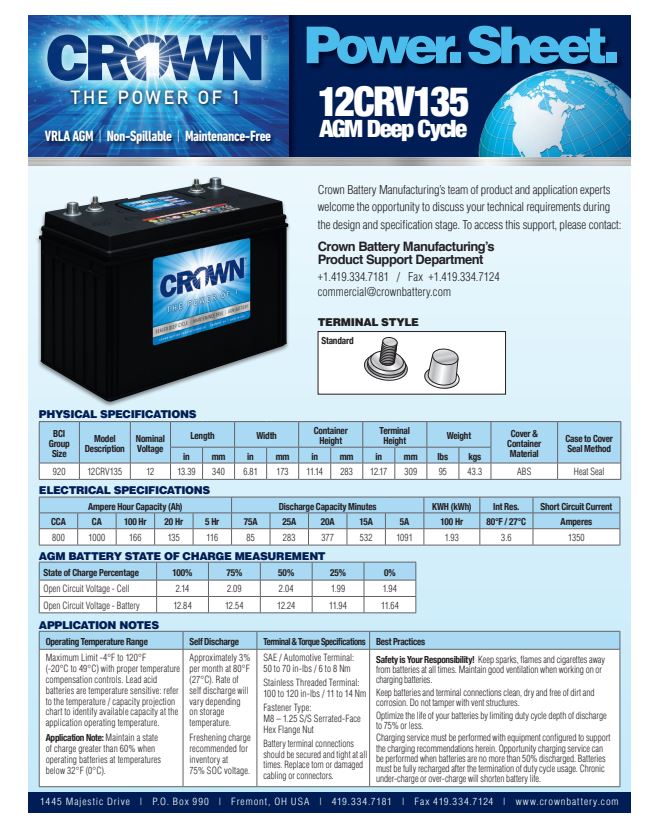 Crown 12CRV135 AGM battery 12V 135Ah deep cycle battery for RV and solar use