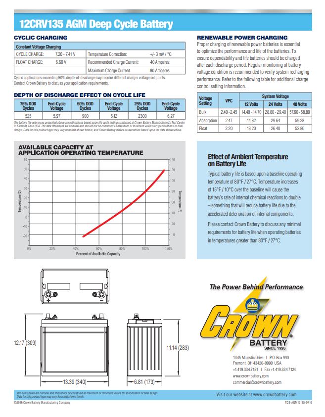 Crown 12CRV135 AGM battery 12V 135Ah deep cycle battery for RV and solar use