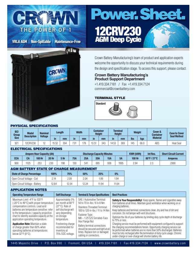 Crown 12CRV230 AGM battery 12V 230Ah deep cycle battery for RV and solar applications