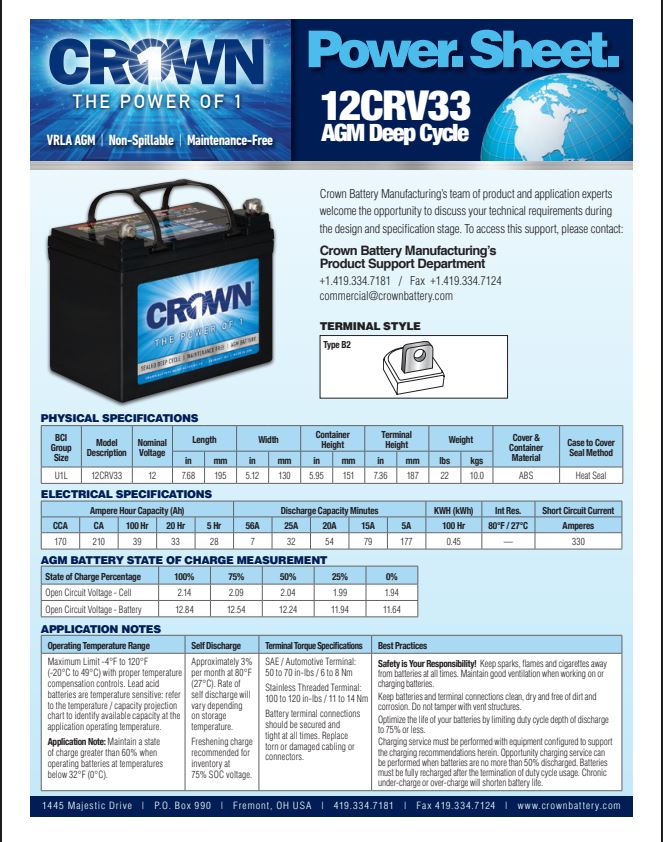 Crown 12CRV33 AGM battery 12V 33Ah deep cycle battery for RV and solar applications