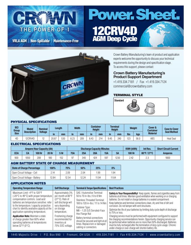 Crown 12CRV4D AGM Battery 12V 160Ah deep cycle