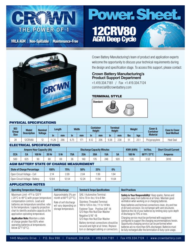 Crown 12CRV80 AGM battery 12V 80Ah deep cycle battery for RV and solar systems
