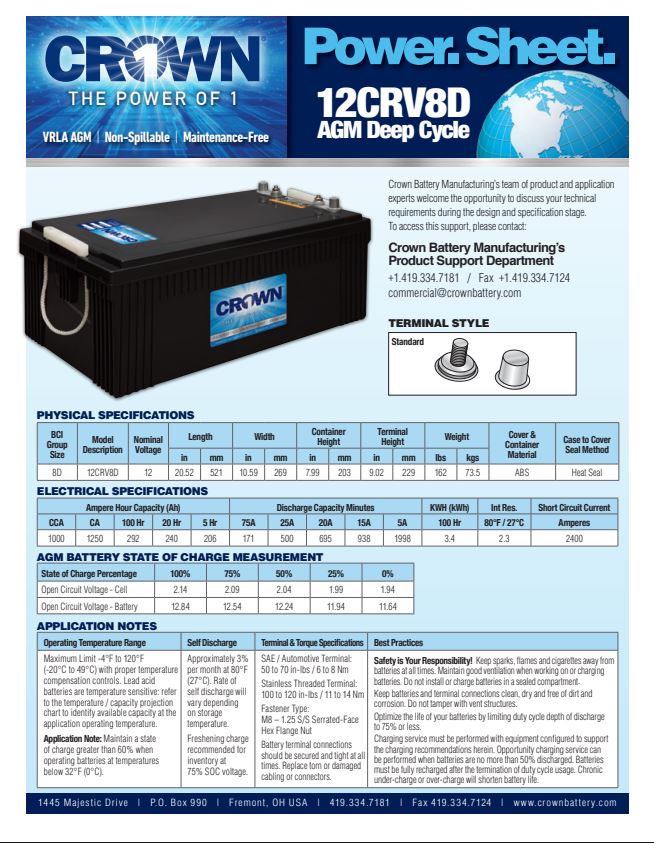 Crown 12CRV8D AGM deep cycle battery 240Ah 12V