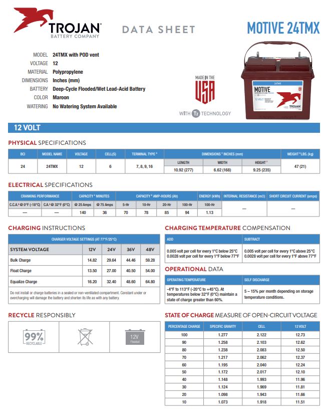 Trojan 24TMX battery 12V deep cycle flooded lead acid battery for RV and marine use