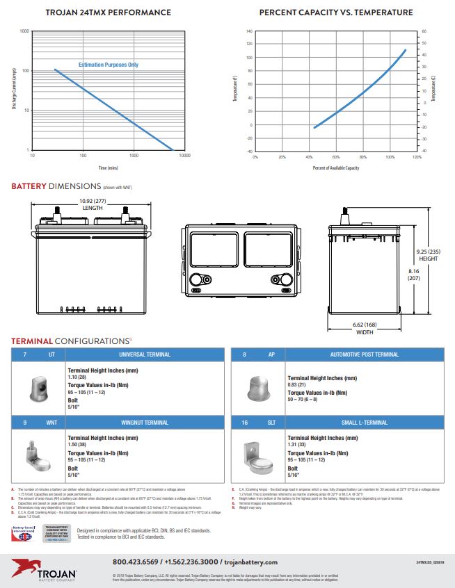 Trojan 24TMX battery 12V deep cycle flooded lead acid battery for RV and marine use