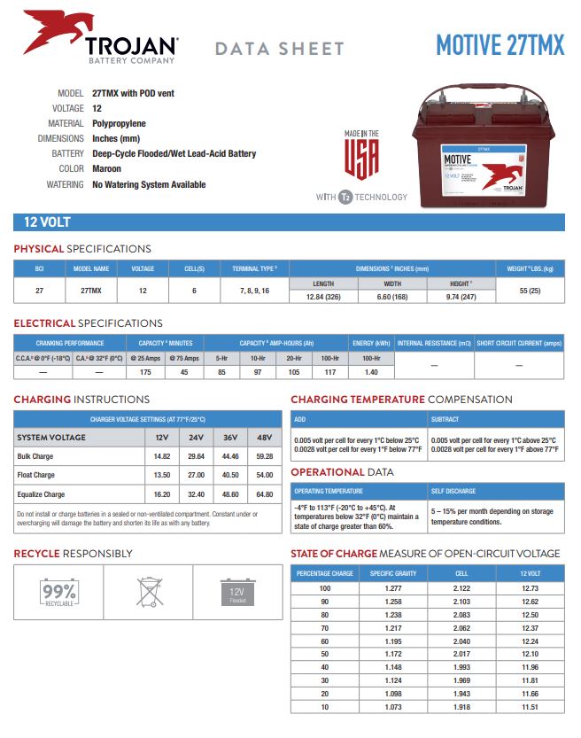 Trojan 27TMX deep cycle 12V flooded lead acid battery for RV marine and solar power systems