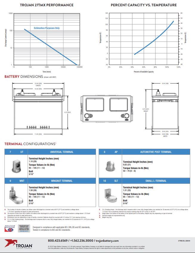 Trojan 27TMX deep cycle 12V flooded lead acid battery for RV marine and solar power systems