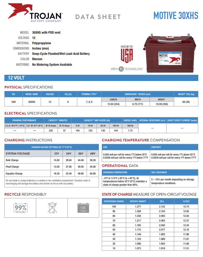 Trojan 30XHS battery 12V deep cycle flooded lead acid battery for RV marine and solar systems