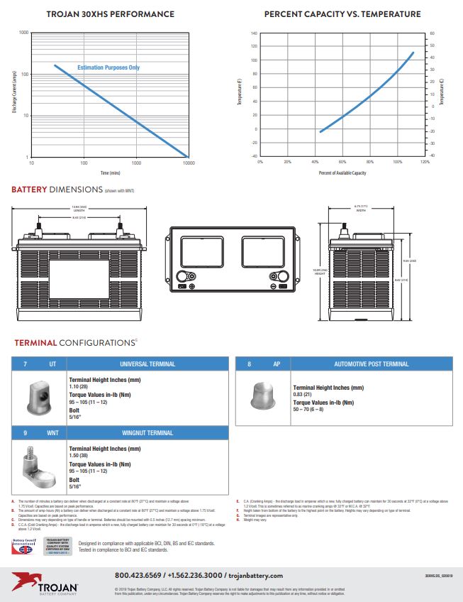 Trojan 30XHS battery 12V deep cycle flooded lead acid battery for RV marine and solar systems