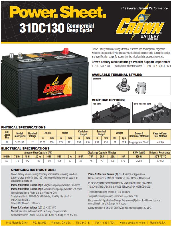 Crown 31HDC130 Deep Cycle Battery for marine, RV, and off-grid power