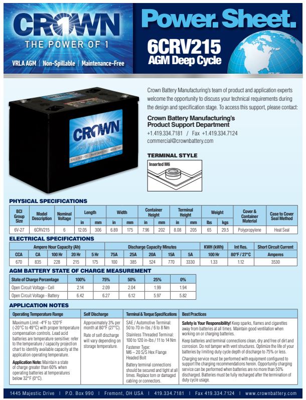 Crown 6CRV215DEEP cycle AGM battery deep cycle power battery