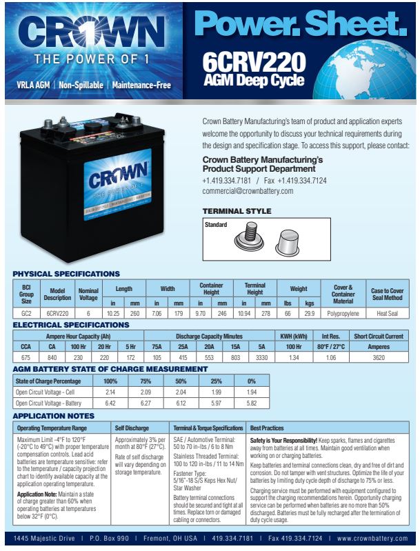 Crown 6CRV220 deep cycle AGM battery