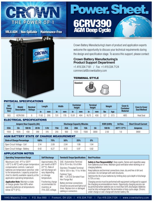 Crown 6CRV390 AGM deep cycle battery