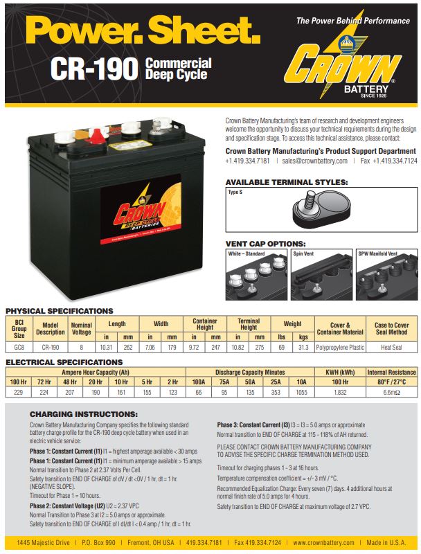 Crown CR-190 deep cycle power battery