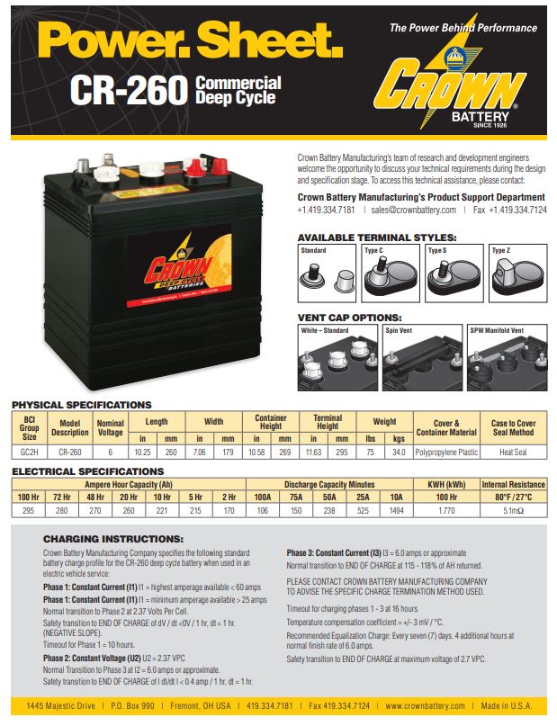 Crown CR-260 deep cycle battery