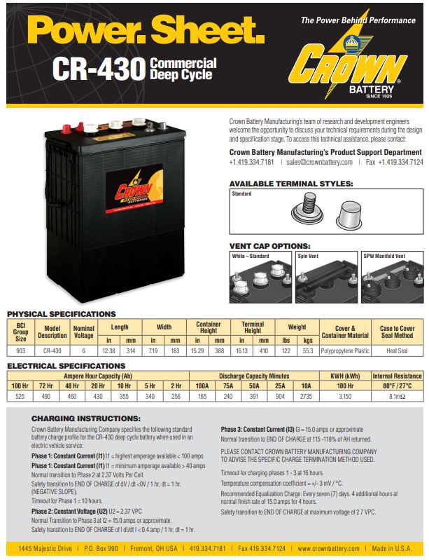 CR-430 Crown deep cycle battery