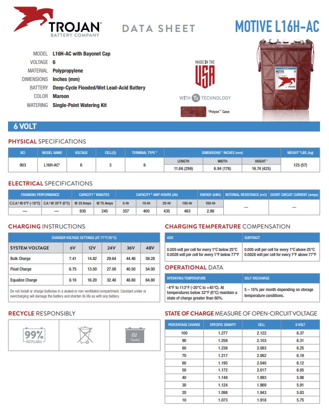 Trojan L16H-AC Battery for industrial deep cycle power applications