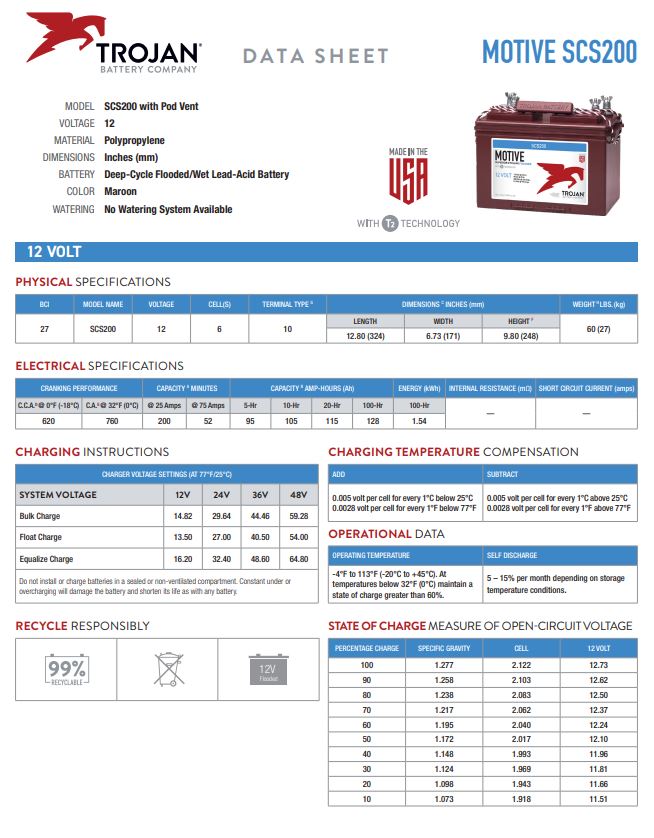 Trojan SCS200 battery 12V deep cycle flooded lead acid battery for RV marine and solar systems