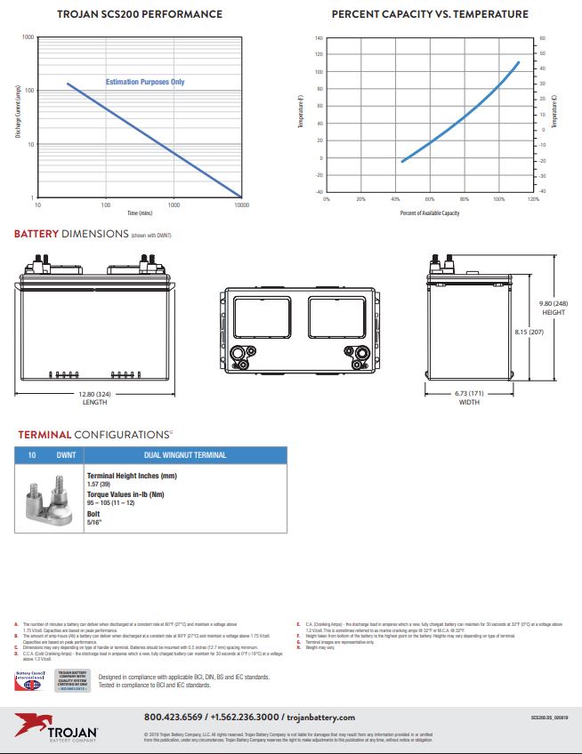 Trojan SCS200 battery 12V deep cycle flooded lead acid battery for RV marine and solar systems