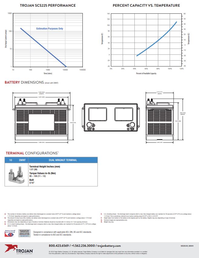 Trojan SCS225 battery 12V deep cycle flooded lead acid battery for RV marine and solar systems