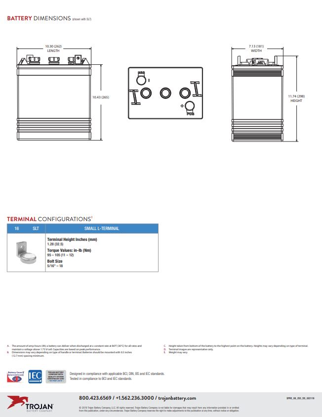 Trojan SPRE 06 255 6V deep cycle solar battery