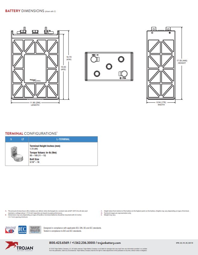 Trojan SPRE 06 415 6V deep cycle solar battery