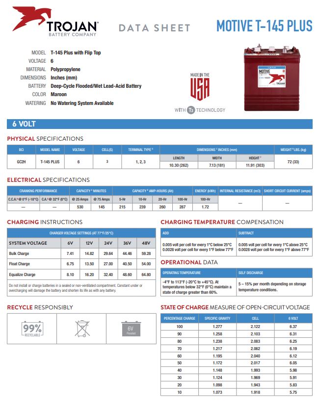 Trojan T-145 Battery for 6V deep cycle power applications