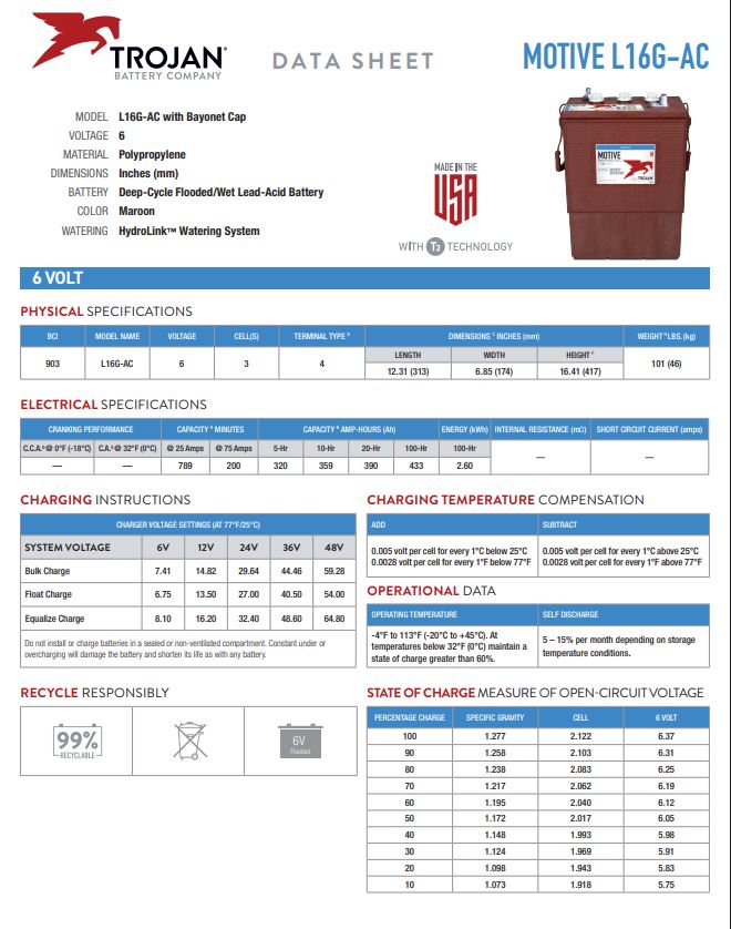 Trojan L16G-AC 6V deep cycle solar battery